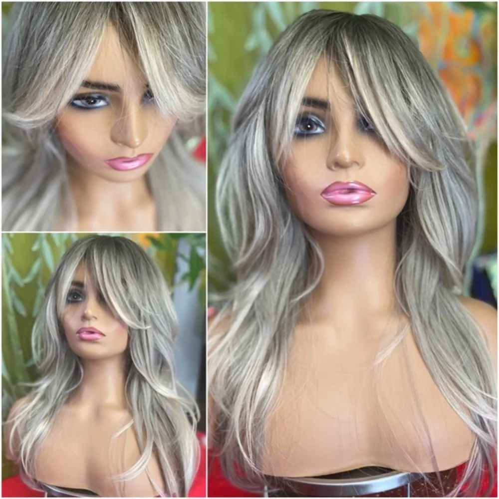 grey blonde long layered wig curtain bangs